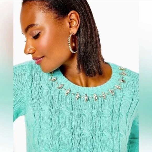 Lilly Pulitzer Dario Embellished Cable-Knit Aqua color Sweater.  Sz XL - Picture 2 of 12